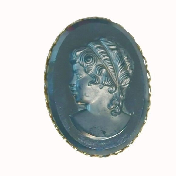 Vintage Black Glass Cameo Gold Tone Scarf Ring Clip - Picture 3 of 5